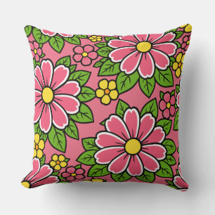 Pink and Yellow Floral Pattern with Green Leaves Cushion