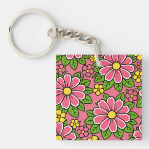 Pink and Yellow Floral Pattern with Green Leaves Key Ring