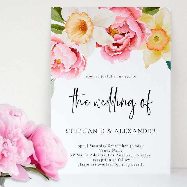 Pink and Yellow Floral Script QR Code Wedding Invitation (Creator Uploaded)