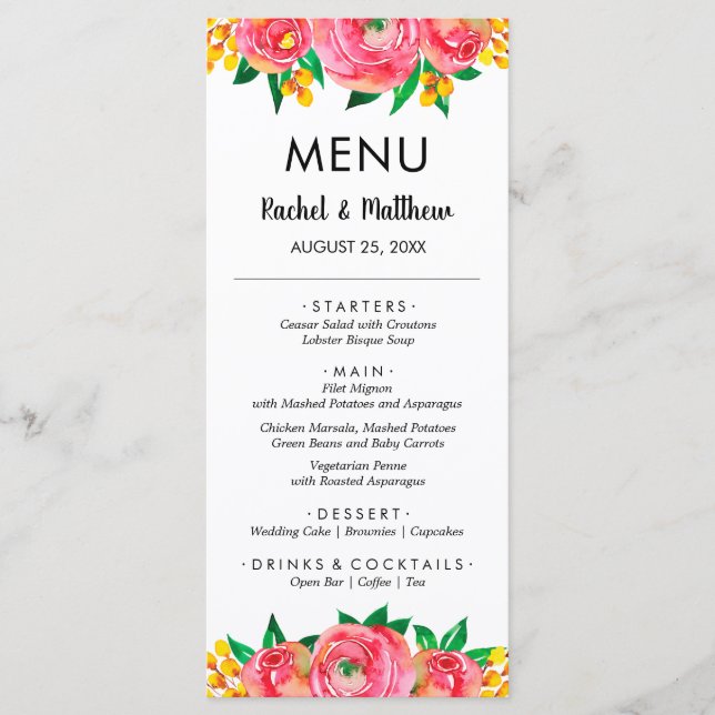 Pink and Yellow Floral Watercolor Wedding Menu (Front)