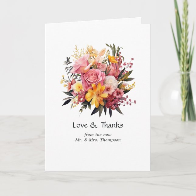 Pink and Yellow Floral Wedding Thank You Card (Front)
