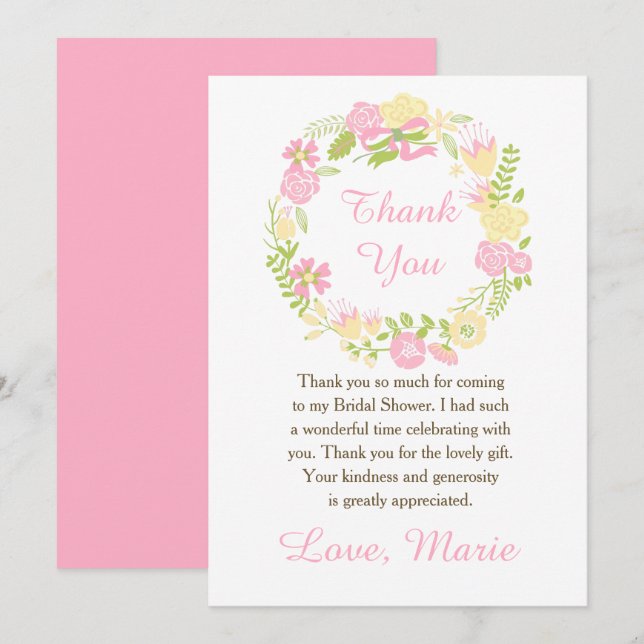 Pink and Yellow Floral Wreath Bridal Shower Thank You Card (Front/Back)