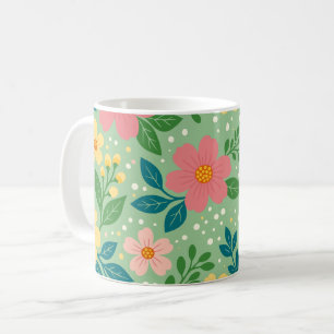 Pink and Yellow Florals with Green & Blue Leaves Coffee Mug