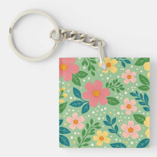 Pink and Yellow Florals with Green & Blue Leaves Key Ring