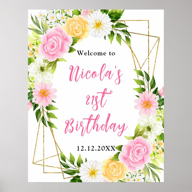 Pink and Yellow Flower Birthday Welcome Poster (Front)