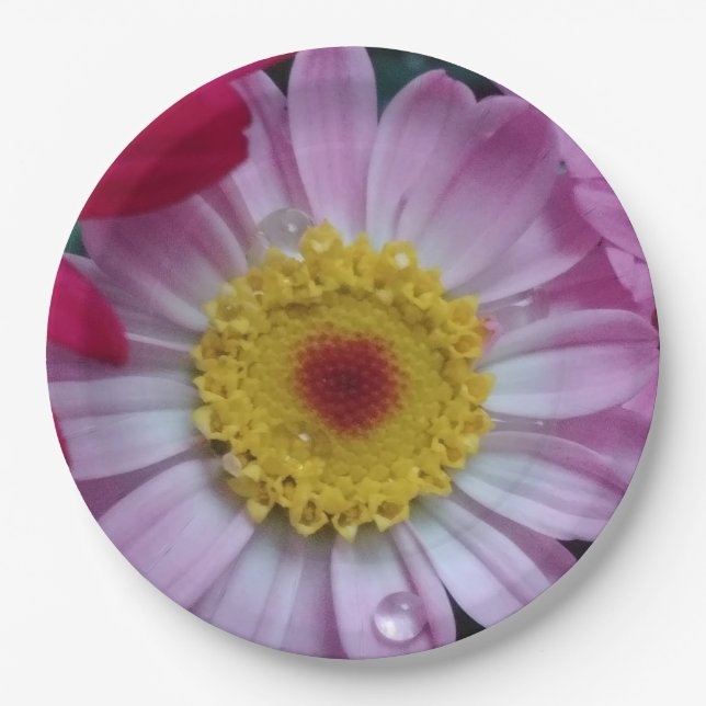 Pink and yellow flower paper plate (Front)