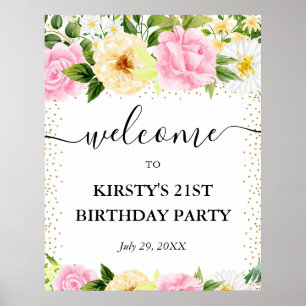Pink and Yellow Flowers 21st Birthday Welcome Poster