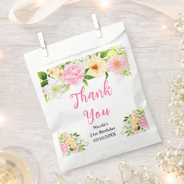 Pink and Yellow Flowers Birthday Thank You Favour Bag (Clipped)