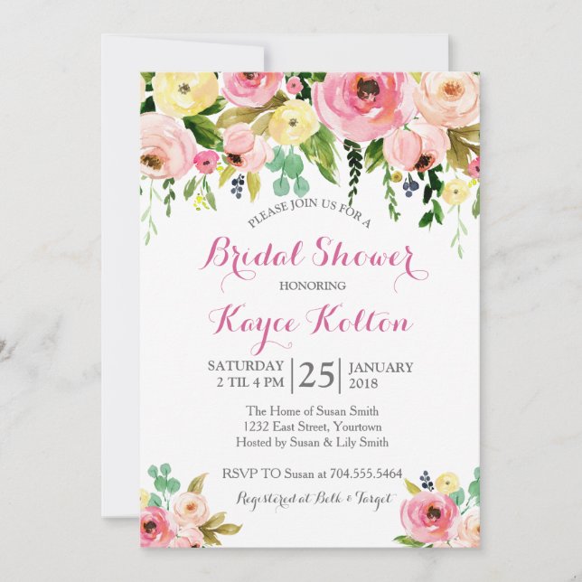 Pink and yellow flowers Bridal Shower Invitation (Front)