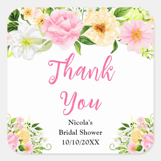 Pink and Yellow Flowers Bridal Shower Thank You Square Sticker (Front)