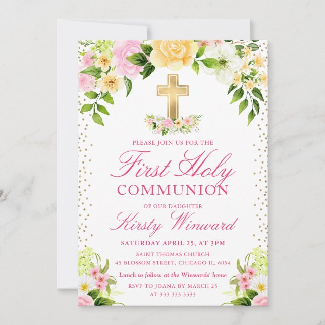 Pink and Yellow Flowers First Holy Communion Invitation (Front)