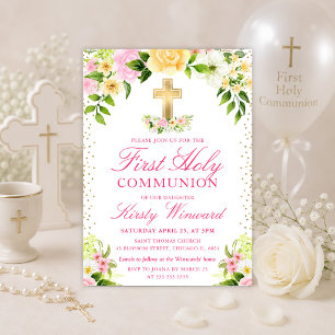 Pink and Yellow Flowers First Holy Communion Invitation