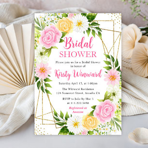 Pink and Yellow Flowers & Gold Frame Bridal Shower Invitation