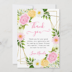 Pink and Yellow Flowers Gold Frame Sweet 16 Thank You Card