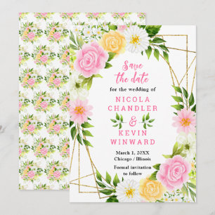 Pink and Yellow Flowers Wedding Save The Date