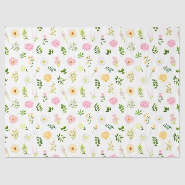 Pink and Yellow Flowers with Foliage Pattern Tissue Paper (Front)
