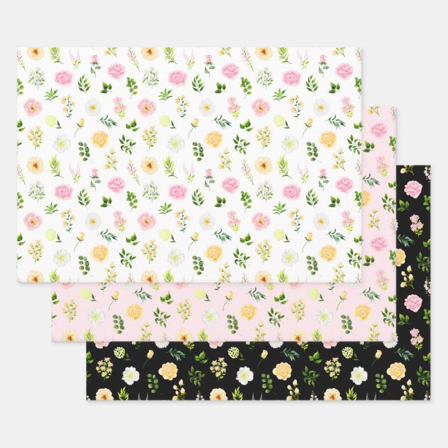 Pink and Yellow Flowers with Foliage Pattern Wrapping Paper Sheet (Set)