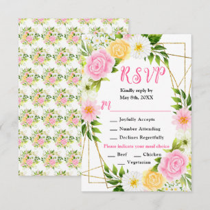 Pink and Yellow Flowers with Foliage Wedding RSVP Card