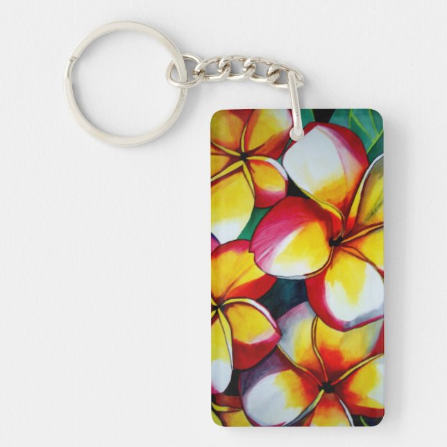 Pink and yellow frangipani flower art key ring (Front)