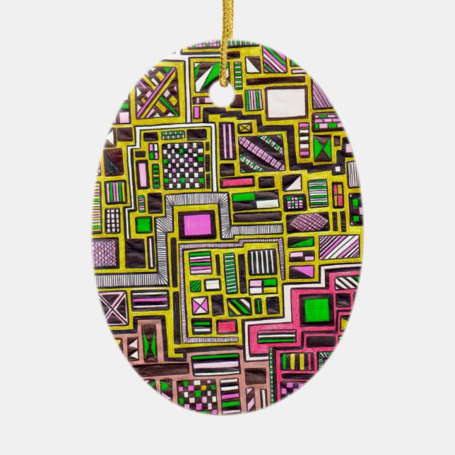 Pink and Yellow Geometric shapes pop art punk Ceramic Tree Decoration (Front)