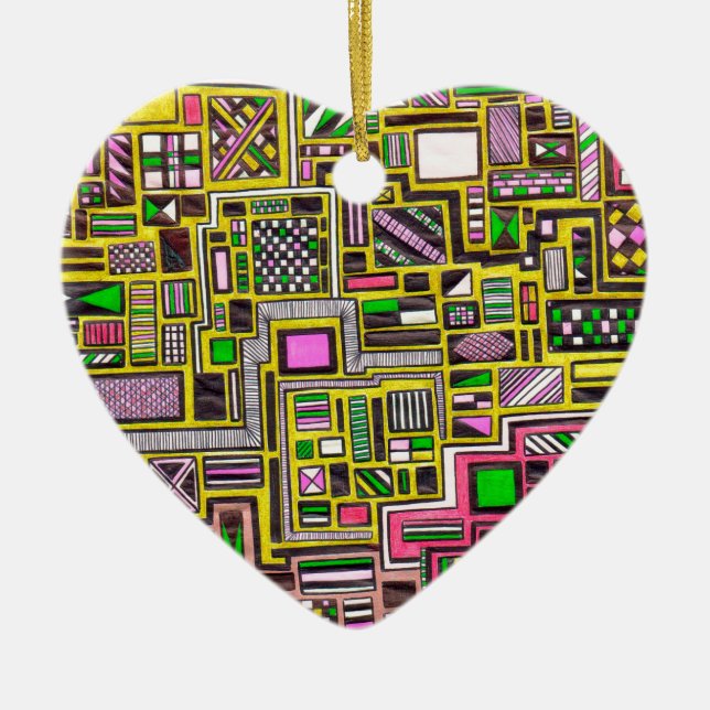 Pink and Yellow Geometric shapes pop art punk Ceramic Tree Decoration (Front)