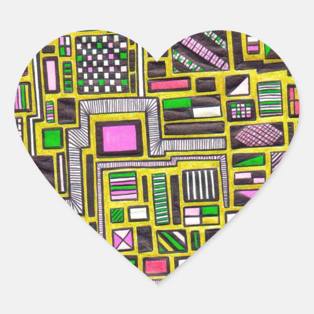 Pink and Yellow Geometric shapes pop art punk Heart Sticker (Front)