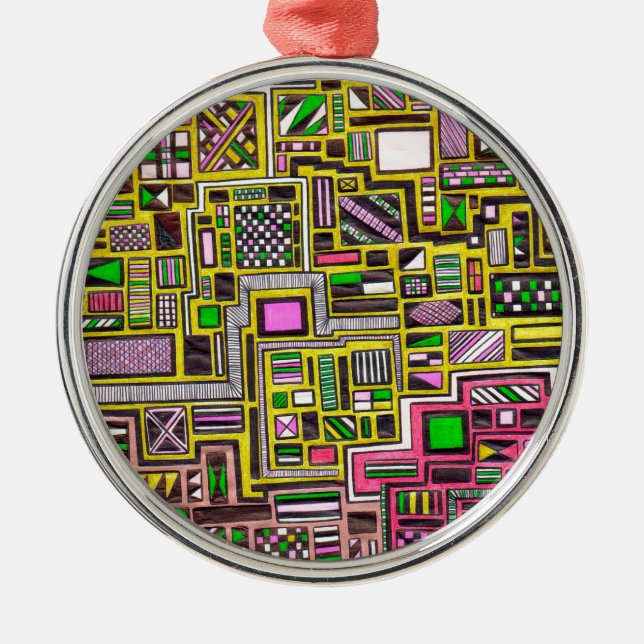 Pink and Yellow Geometric shapes pop art punk Metal Ornament (Front)