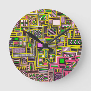 Pink and Yellow Geometric shapes pop art punk Round Clock
