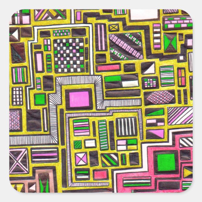 Pink and Yellow Geometric shapes pop art punk Square Sticker (Front)