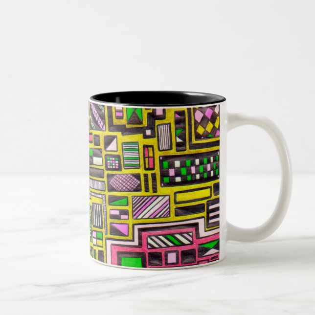 Pink and Yellow Geometric shapes pop art punk Two-Tone Coffee Mug (Right)