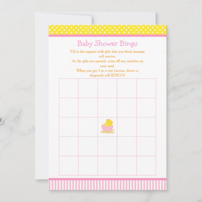 Pink and Yellow Girl Chick Baby Shower Bingo Invitation (Front)