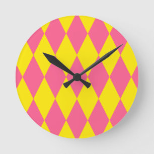 Pink and Yellow Harlequin Checkered Design Round Clock