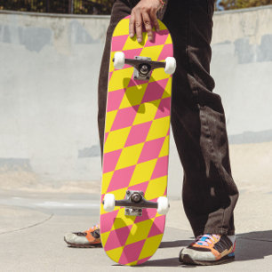 Pink and Yellow Harlequin Checkered Design Skateboard