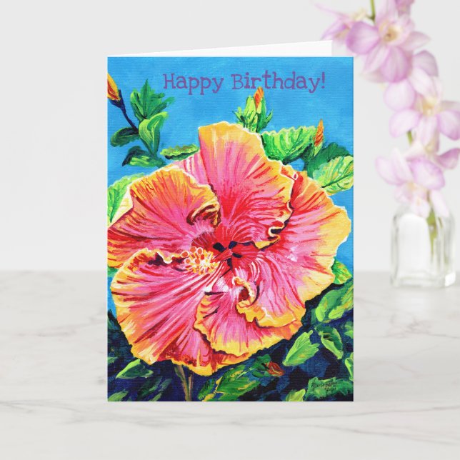 Pink and Yellow HibiscusHappy Birthday Card (Orchid)