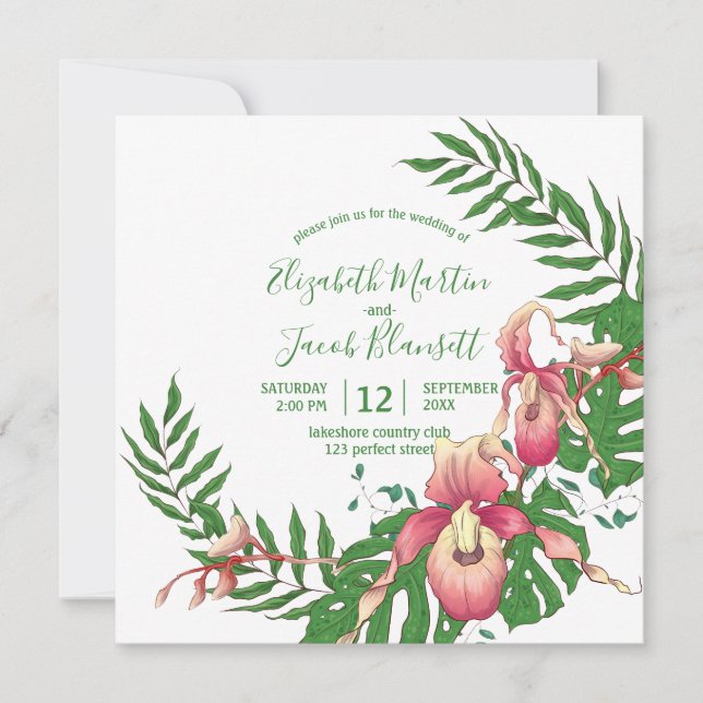 Pink and Yellow Lady Slipper Orchid Wreath Wedding Invitation (Front)