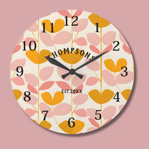 Pink and Yellow Leaf Design Modern Monogram Large Clock