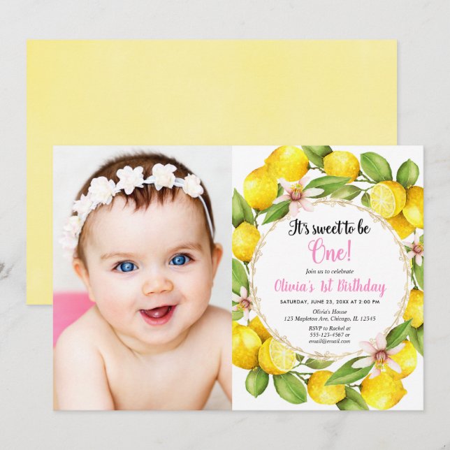 Pink and yellow lemon 1st birthday girl photo invitation (Front/Back)