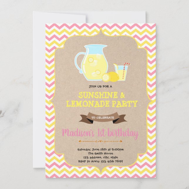 Pink and yellow lemonade stand invitation (Front)