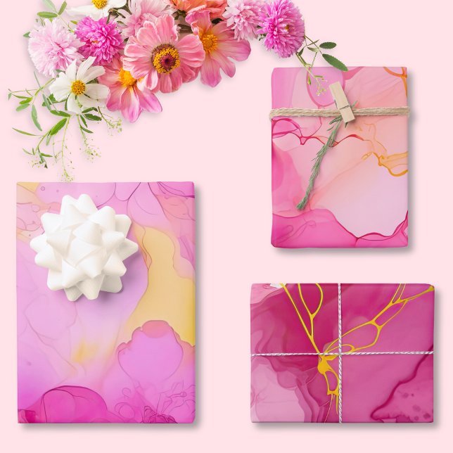 Pink and Yellow Marble Wrapping Paper Sheet Set (Sophisticated and pretty gift wrap for any occasion!)