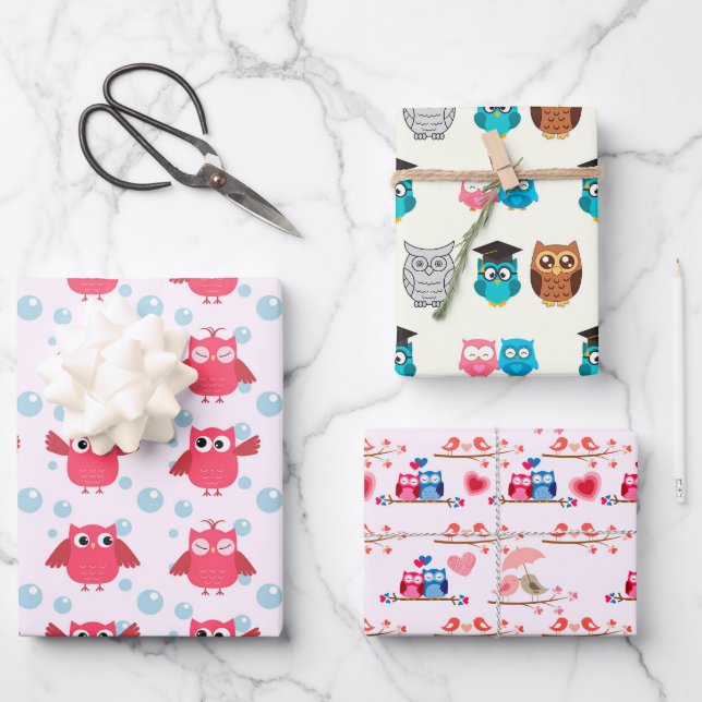 pink and yellow owl theme gift wrapping paper (Front)