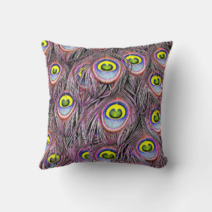 Pink and Yellow Peacock feathers Nature art  Cushion