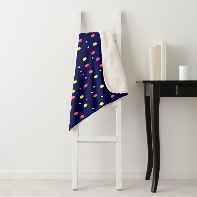 Pink and Yellow Polka Dots on Navy Blue  Sherpa Blanket (In Situ)