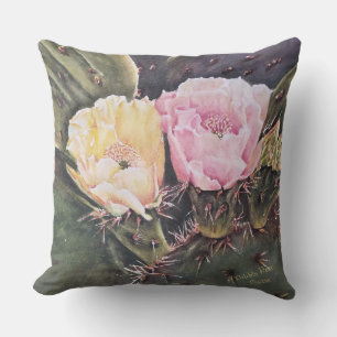 PINK AND YELLOW PRICKLY PEAR CACTUS FLOWERS CUSHION