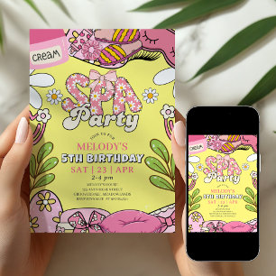 Pink and Yellow Retro Daisy Spa Party Birthday Invitation