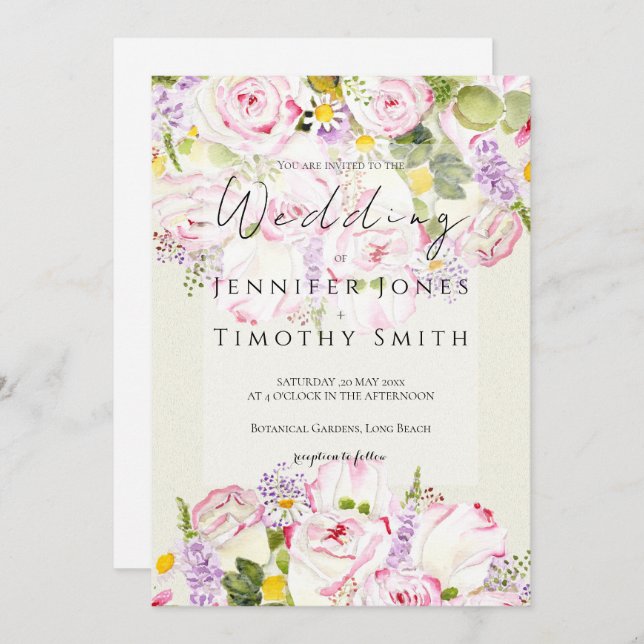 pink and yellow rose bouquet  watercolour  invitation (Front/Back)