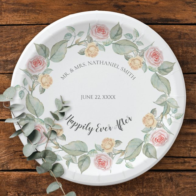 Pink and Yellow Rose Wreath Wedding Paper Plates (Creator Uploaded)