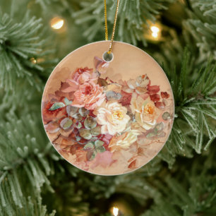 Pink and yellow roses ceramic ornament
