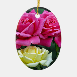 Pink and yellow roses floral print ceramic tree decoration