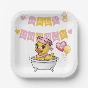 Pink and Yellow Rubber Duck Girl Baby Shower Paper Plate