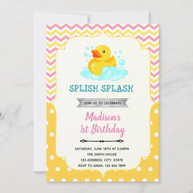 Pink and yellow rubber duck invitation (Front)